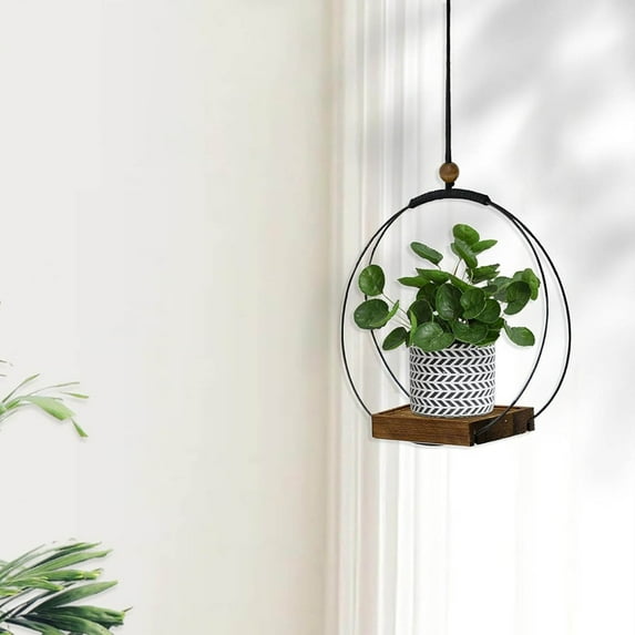 Hanging with Wood Base, Modern Hanging Holders for Indoor Plants, Boho Macrame Hanging Planter Shelf Flower Pot Holder for Wall Ceiling Home Decor