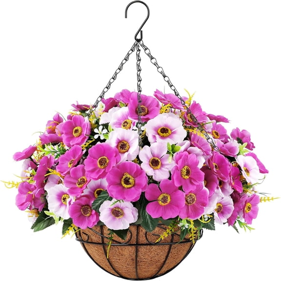 Hanging Planter with Artificial Silk Daisy Flowers for Outdoor Decor, Faux Silk Flower UV Resistant Plants in Basket for Indoor Porch Garden Yard Spring Summer Decor(Rose Yellow)