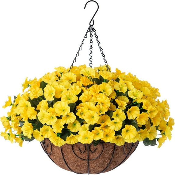 Hanging Planter Basket,Artificial Fake Hanging Flowers Plants with Basket for Outdoor Decoration Metal Flowers Planter Outdoor Large Hanging Flower Pots Round Wire Plant Holder Chain Hanging Basket
