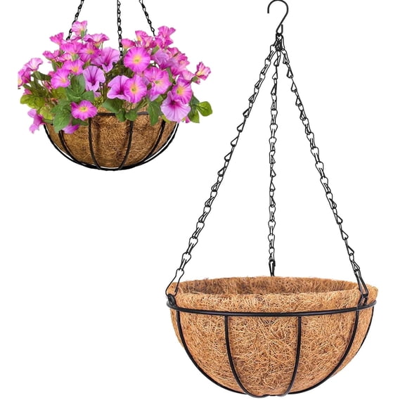 Hanging Planter Basket with Coco Fiber Liners for Outdoor,1Pack Hanging Flower Pots Indoor 8 inch with Round Wire Plant Holder Chain Hanging Basket Garden for Plant Flower Pot, Garden Decorations