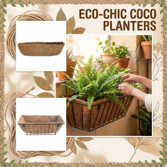 Hanging Planter Basket Set 2 Piece Trough Coconut Fiber Planter for Indoor Outdoor Balcony Window Display Hold Greenery and Plants