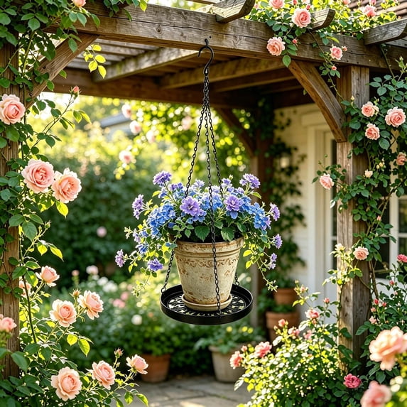 Hanging Planter with Chain, Self Watering Hanging Basket, Metal Openwork Planter for Indoor Outdoor Plants, Space Saving Hanging Pot for Balcony, Windowsill, and Home Decor