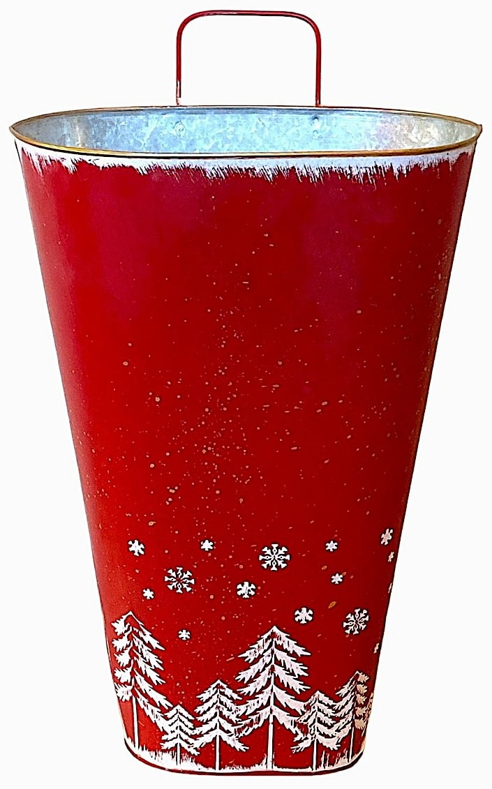 Hanging Planter Half Bucket Rustic Christmas Winter Decor Red & White Tall Vertical Home Garden Living Fake Plants Flowers Indoor Outdoor 15.5" H