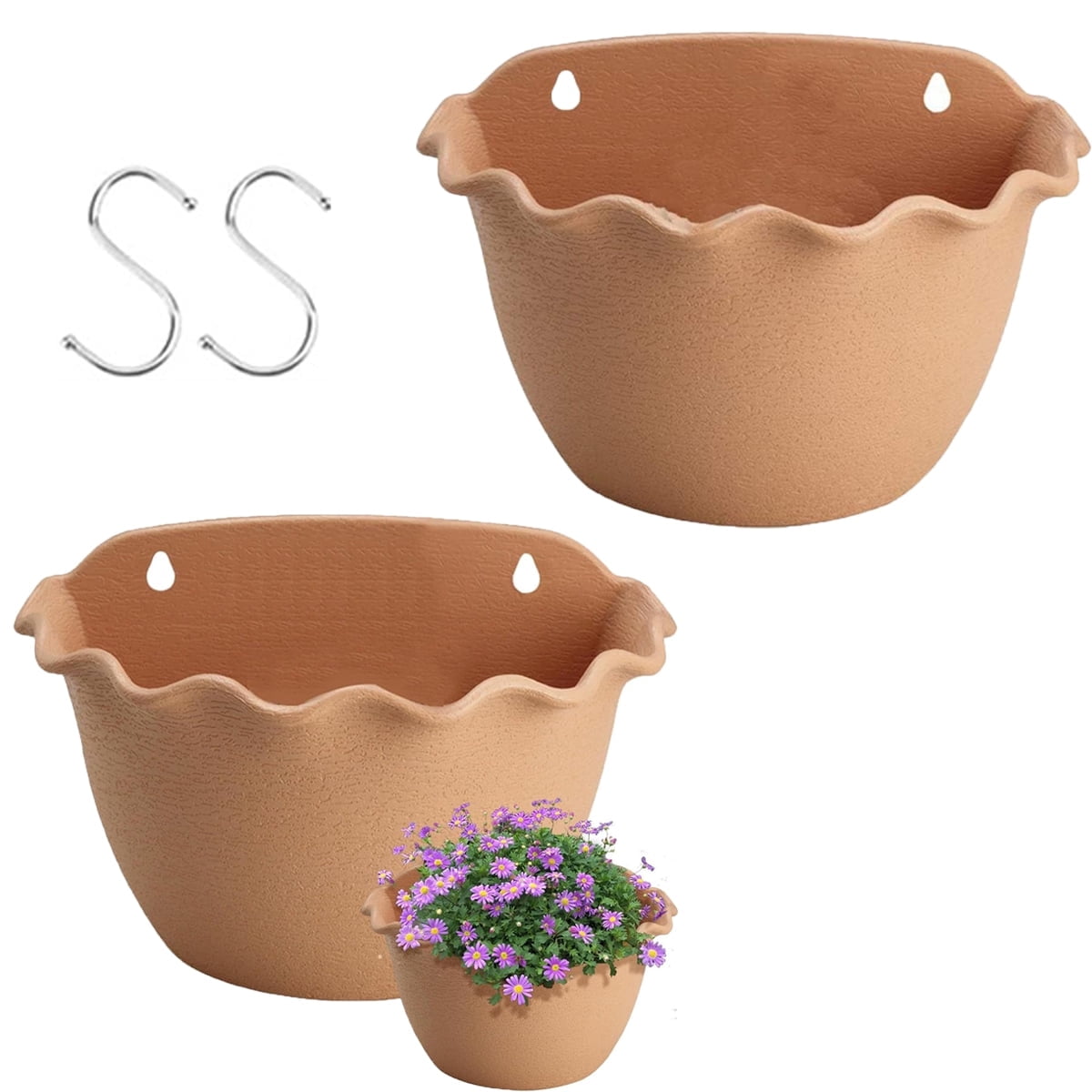 Hanging Planter with Hooks,Tutuviw 2Pcs Wall Mounted Wavy Edge Hanging Plant Pot,Chic Wave Style Wall Hanging Planter,Eco-Friendly Plastic Bucket Garden Pot for Railing Indoor Outdoor - Light Brown
