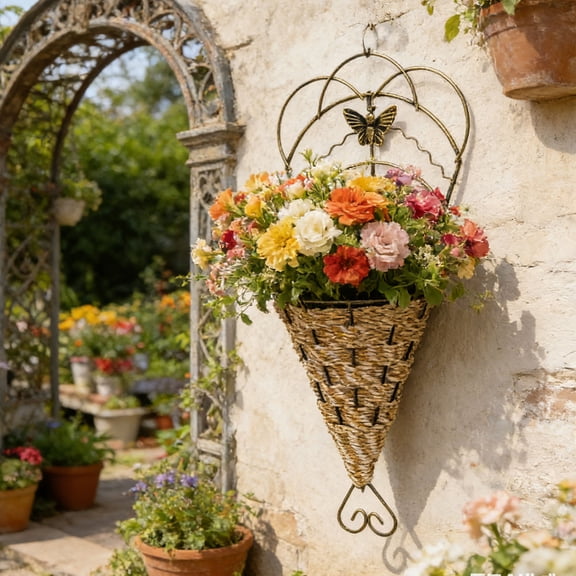 Hanging Planter Outdoor, Small Cast Iron Baskets, Heavy-Duty Wall Hanging Hollow Planter, Half Round Wall Pot Plants Holder, 11.4x6.3 Inch Black