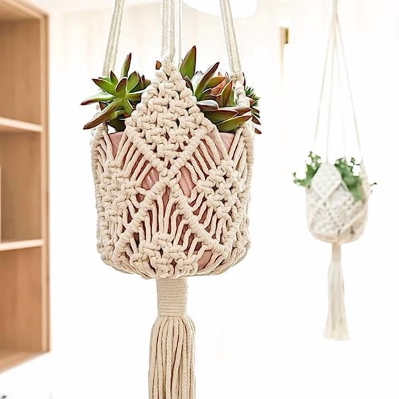 Hanging Planter with Patterns,2Packs Macrame Plant Hangers Indoor Macrame for up to 8 inch Pot Crochet Boho Plant Hanger Holder for Indoor Outdoor with 2S Shaped Stainless Steel Hooks (White)