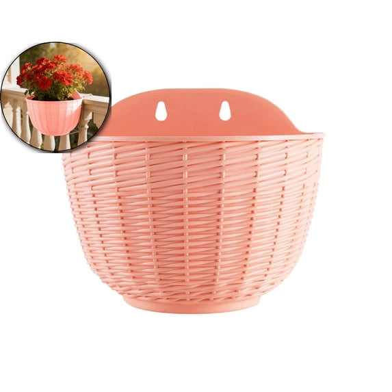 Hanging Planter Pot Half Round Imitation Rattan Wall Flowerpot Rustic Decorative Flower Basket Semicircle Plastic Plant Baskets Container Flower Pot with Drainage and Hooks