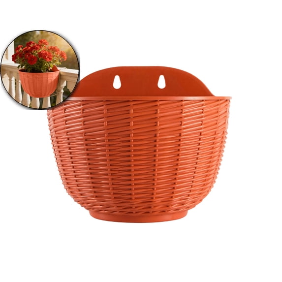 Hanging Planter Pot Half Round Imitation Rattan Wall Flowerpot Rustic Decorative Flower Basket Semicircle Plastic Plant Baskets Container Flower Pot with Drainage and Hooks