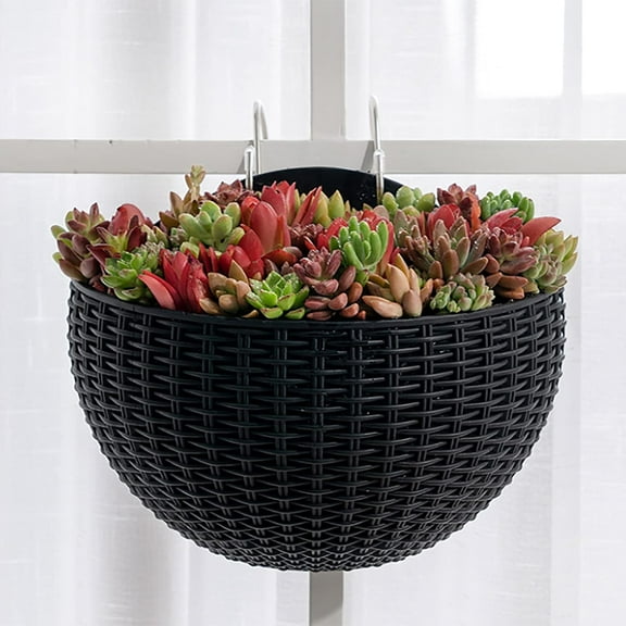 Hanging Planter Pot, Wall and Railing Hanging Planters with S Hooks, Half Round Imitation Rattan European Style Wall Flowerpot Rustic Decorative Flower Basket for Home Balcony 1Pack