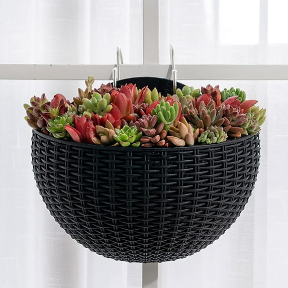 Hanging Planter Pot, Wall and Railing Hanging Planters with S Hooks, Half Round Imitation Rattan European Style Wall Flowerpot Rustic Decorative Flower Basket for Home Balcony 1Pack