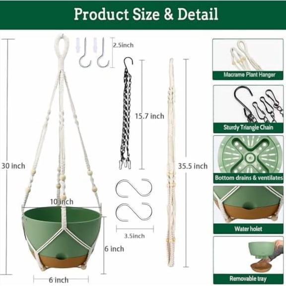 Hanging Planter Self Watering 10 Inch, 2 Pack Indoor Outdoor Hanging Baskets, Hanging Flower Pots with Drainage Hole & 2 Kinds of Plant Hangers for Garden Home Decor(Green)…