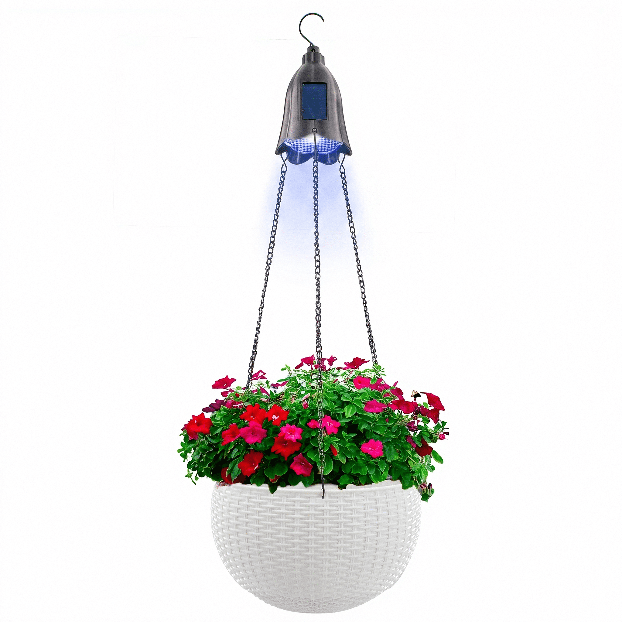 Hanging Planter with Solar LED Light - Hanging Flower Basket With Self Watering, Anti Rot, Wickered Design & Weatherproof - For Flowers & Plants Indoor & Outdoor - White