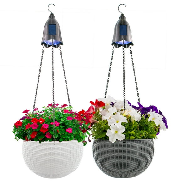 Hanging Planter with Solar LED Light - Hanging Flower Basket With Self Watering, Anti Rot, Wickered Design & Weatherproof - For Flowers & Plants Indoor & Outdoor - White