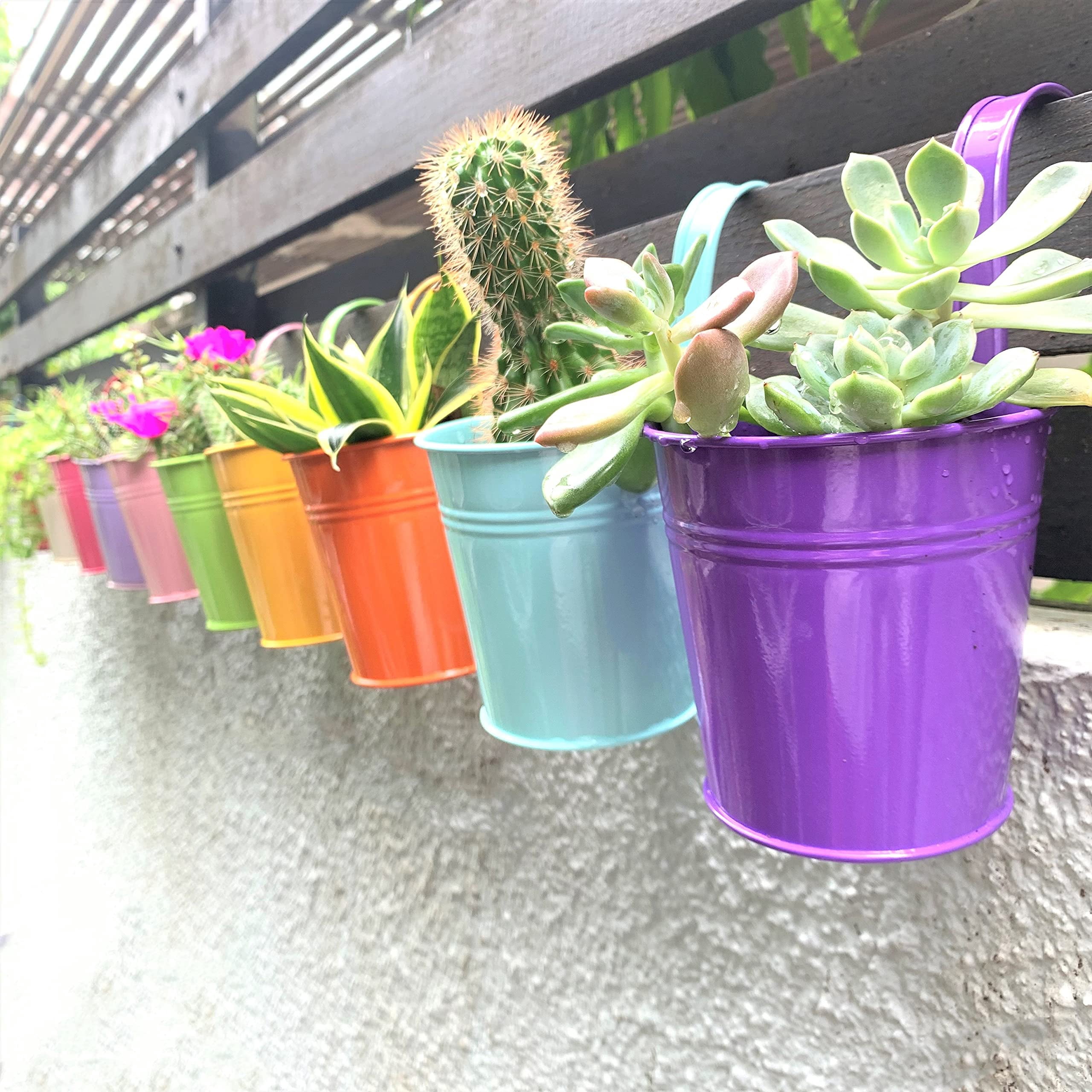 Hanging Planters 10 Pack 4 Inch Balcony Railing Metal Bucket Garden Pots for Outdoor Plants Flower Herb Wall Porch Deck Window Boxes