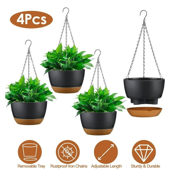 Hanging Planters 4-Pack, 9.64In Self-Watering Pots - Indoor Outdoor Hanging Flower Pots with Drainage & Tray for Herbs, Ivy, Ferns