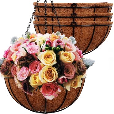 4 Pack 10 Inch Metal Hanging Planters With Coco Coir Liners - Outdoor Hanging Baskets For Flowers