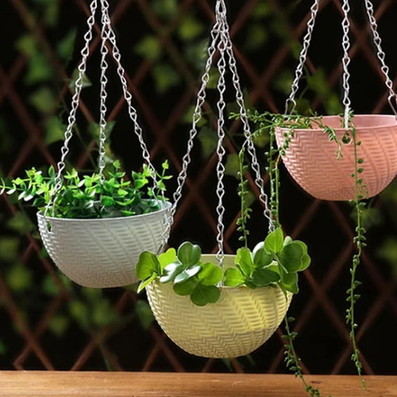 Hanging Planters Basket Set – Plastic Woven Pattern Hanging Flower Pots with Chains for Indoor Outdoor Plants
