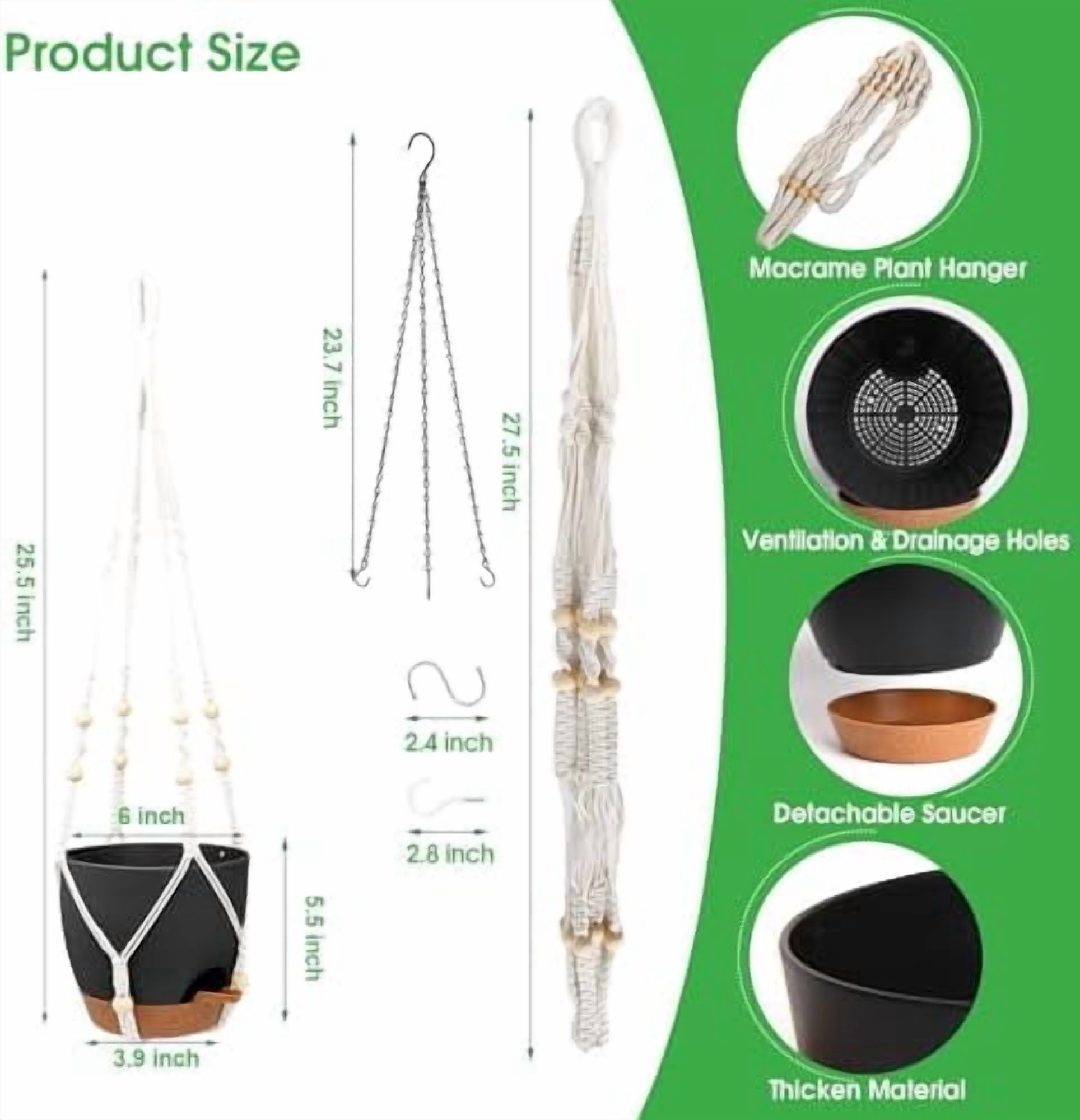 Hanging Planters for Indoor Outdoor Plants, 2 Pack Self Watering Hanging Pots, Hanging Plant Baskets with Drainage Holes & 2 Types of Plant Hangers (Black, 6'')