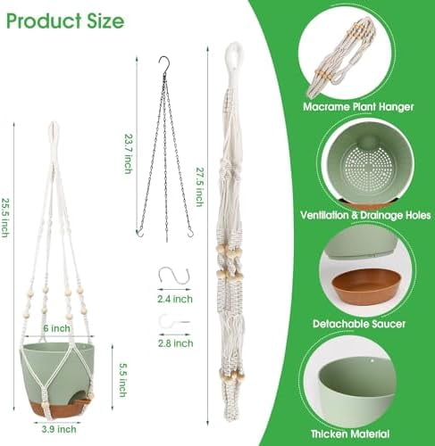 Hanging Planters for Indoor Outdoor Plants, 2 Pack Self Watering Hanging Pots, Hanging Plant Baskets with Drainage Holes & 2 Types of Plant Hangers (Green, 6'')