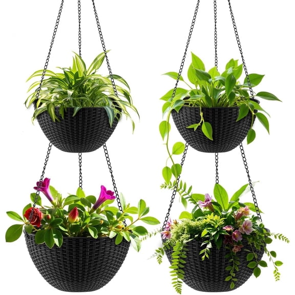 Hanging Planters for Indoor Outdoor Plants 8 and 10 Inch, ​4 Packs Plant Hanger with Drainage Holes, Hanging Basket Flower Pot Perfect for Home, Office and Garden, Black