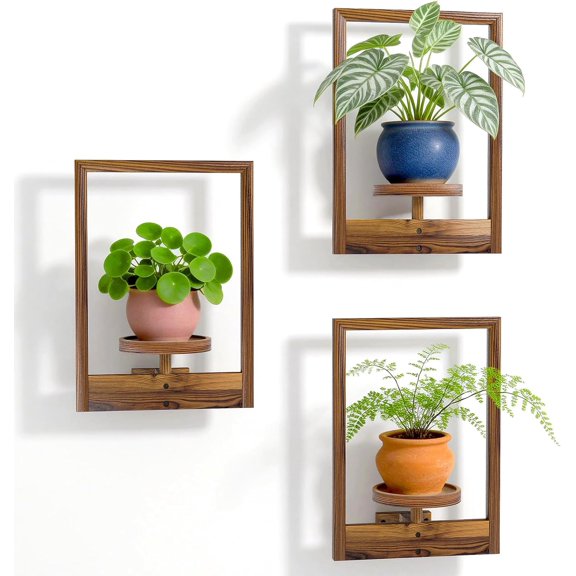 Hanging Planters for Indoor Plants Wall Decor, Wooden Floating Shelves for Wall Planter, Window Plant Shelves Hold 22 lbs, Farmhouse Decor 16.5" x 11.8" (3 Pack)