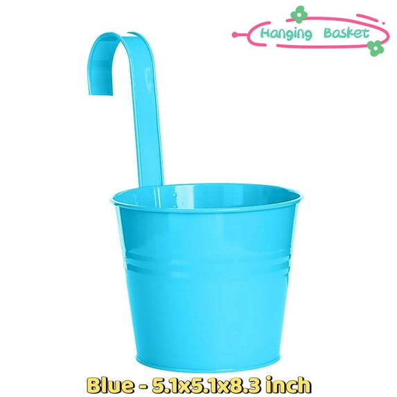 Hanging Planters Outdoor - Hanging Tin Planter - 6.3 inch Colorful Metal Flower Pot, Tin Hanging Bucket Green Plant Flower Container, Garden Decorative Iron Hanging Plant Buckets (Blue)