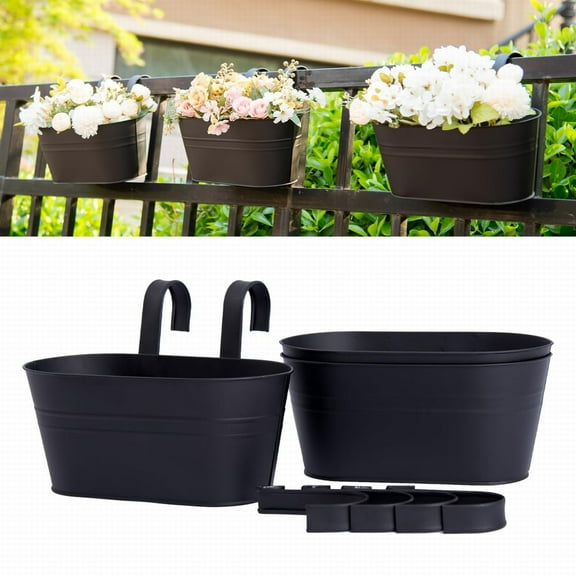 Hanging Planters for Outdoor Indoor Plants, Railing Planter Box, Hanging Flower Pots with Detachable Hooks and Drain Holes, Metal Wall Planter for Railing Fence Balcony Garden Home Decoration