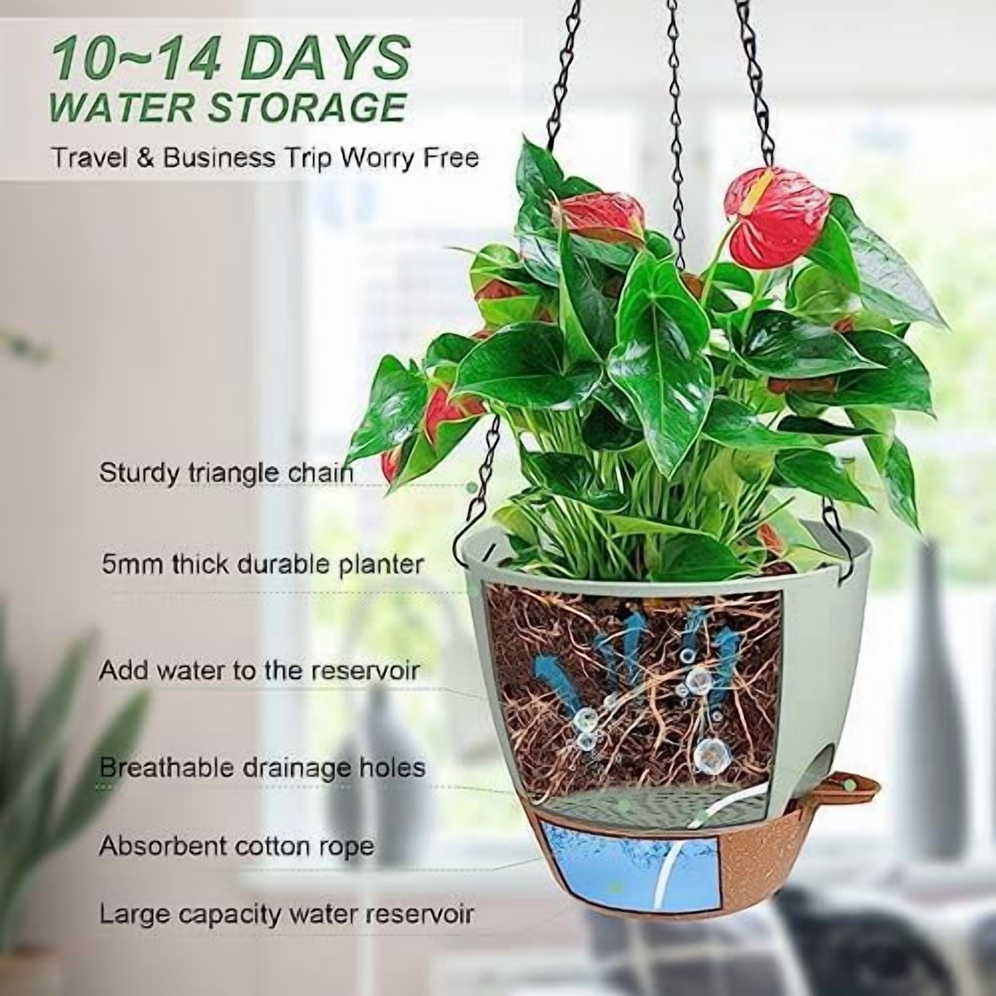 Hanging Planters for Indoor Outdoor Plants, 1 Set Self Watering Hanging Pot with Drainage Holes & Removable Tray (Green-12inch, 12'')