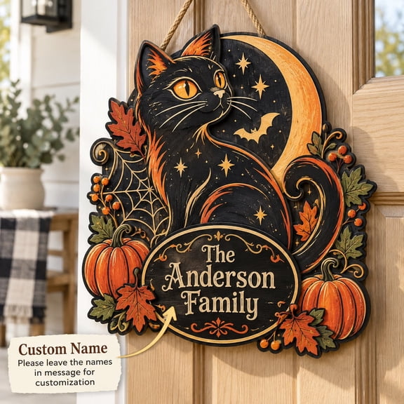 Hanging Plaque Black Cat Pumpkin Halloween Wooden Door Decor Spooky Season