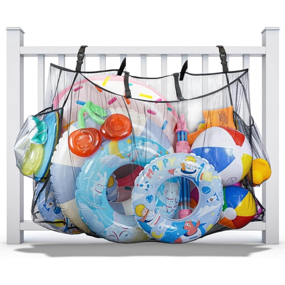 Hanging Pool Float Storage Bag - Mesh Pool Toy Holder for Pool Noodles, Inflatables, and Toys - Adjustable Fence & Poolside Organizer