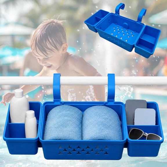Hanging Pool Storage Basket, Above Ground Pool Organizer with Detachable Compartments, Foldable Poolside Storage Caddy for Towels, Toys, and Sunscreen