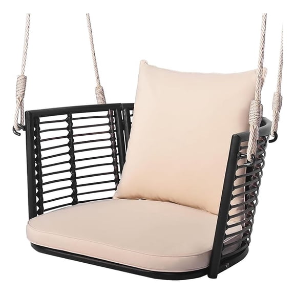 Hanging Porch , 1 Person Patio Wicker Chair with Metal Frame, Cushion, Ropes & , Outdoor PE Rattan Seat for Lawn Garden Backyard Balcony, Beige