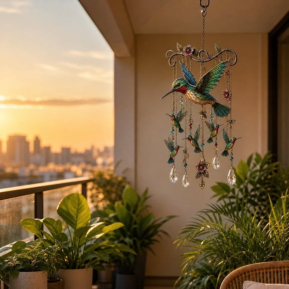 Hanging Porch Decor, Outdoor Garden Decor, Stained Glass Decor, Hummingbird Gifts, 12X8 Inch Metal Wind Chime with Teardrop Crystal Accents for Covered Porch Display