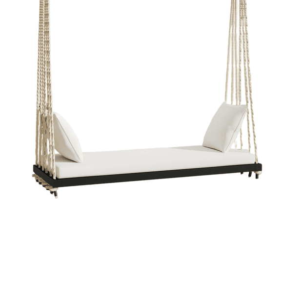 Hanging Porch Swing Bench | Patio Wooden Swing Chair with Cushion & Pillows, 10.8 ft Hemp Ropes | Ideal for Garden, Backyard, Lawn & Balcony Relaxation | Black