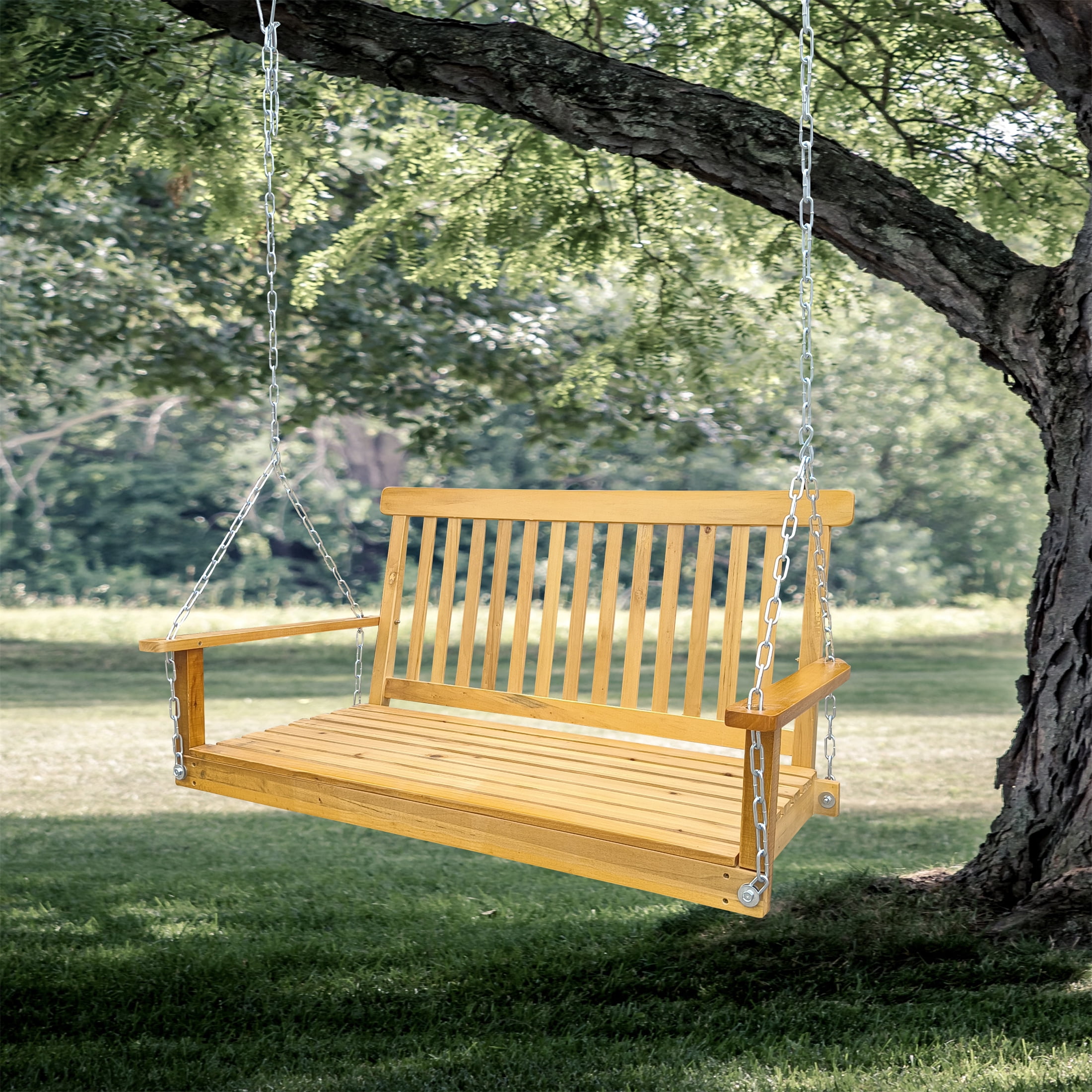 Hanging Porch Swing, Wooden Bench Swing with Armrests and Hanging Chains for Yard Garden Patio, Teak