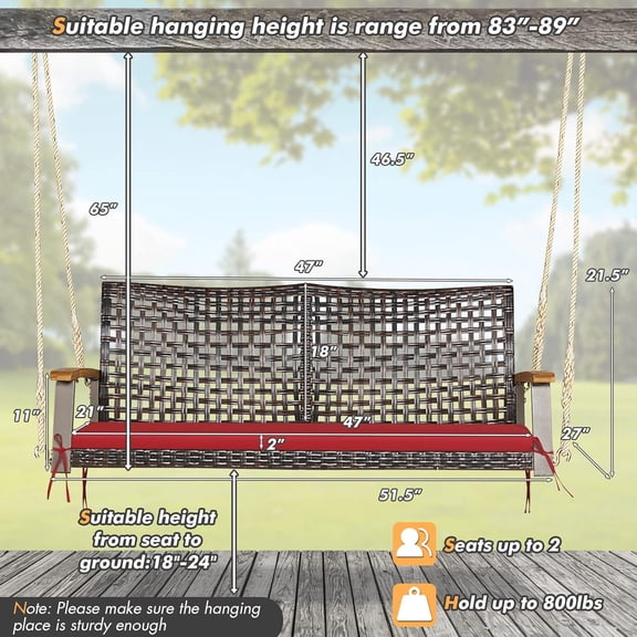 Hanging Porch Swing for 2 Persons Outdoor Wicker Rattan Chair with Cushion and Ropes for Garden Backyard Mix Brown Red