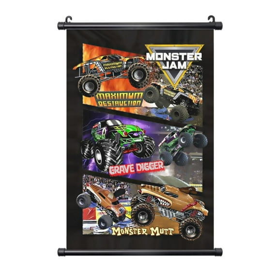 Hanging Poster Monster Truck Jam Wall Canvas Artwork With Black Frame Scroll Painting 16"x24"