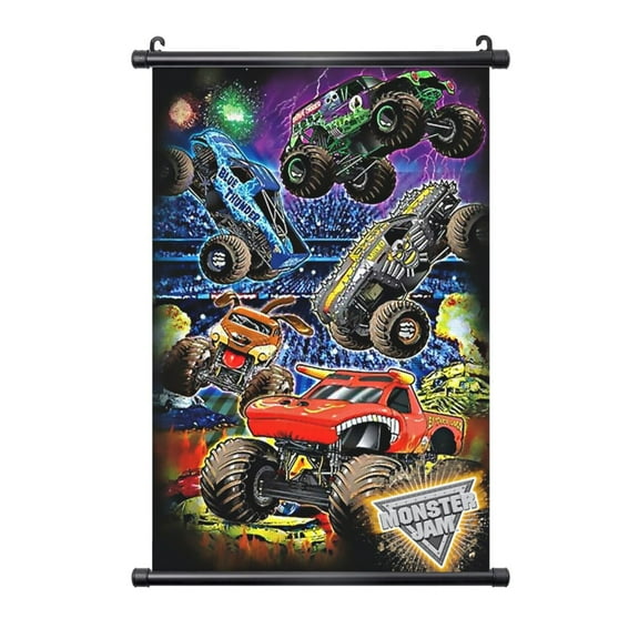 Hanging Poster Monster Truck Jam Wall Canvas Artwork With Black Frame Scroll Painting 16"x24"