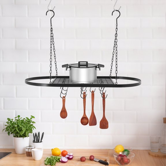 Hanging Pot Pan Rack with Grid Shelf and Hook, Ceiling Mounted Cookware Hanger Organizer Storage Rack
