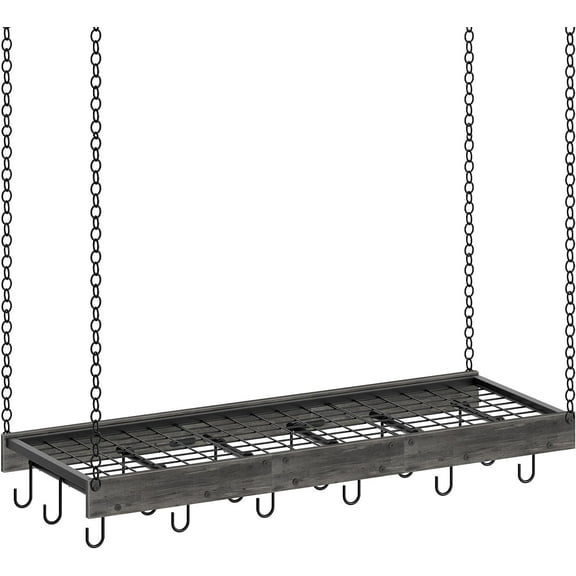 Hanging Pot Rack, 35.4" L x 13" W Ceiling Pot Hanger, Industrial Style Pot Rack, Wall Mounted Pot Hanger for Kitchen, Pot and Pan Hanging Rack, with Hooks, Charcoal Black and Black