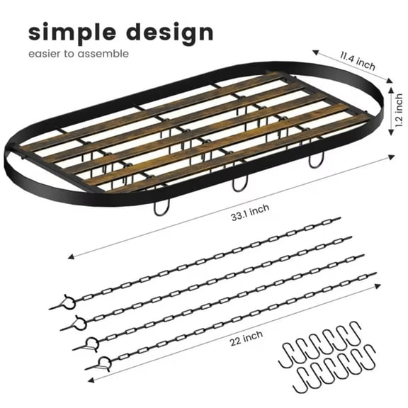 Hanging Pot Rack Ceiling Mount Cookware Organizer with 12pcs Hooks Pots and Pans Storage 33 Inch Oval Pan Hangers for Kitchen Easy Assembly Black