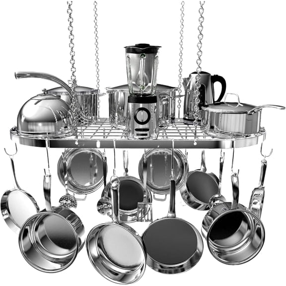 Hanging Pot Rack - Ceiling Mount Kitchen Organizer for Pots and Pans with 15 Hooks - 33 x 17 Inches Heavy-Duty, Durable and Space-Saving Pan Holder - Silver