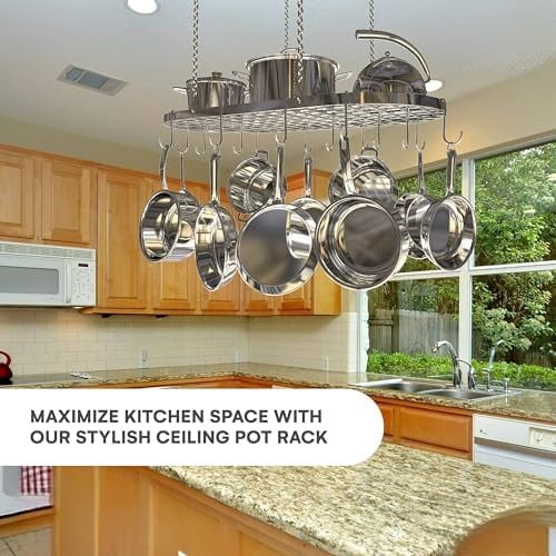 Hanging Pot Rack - Ceiling Mount Kitchen Organizer for Pots and Pans with 15 Hooks - 33 x 17 Inches Heavy-Duty, Durable and Space-Saving Pan Holder - Silver