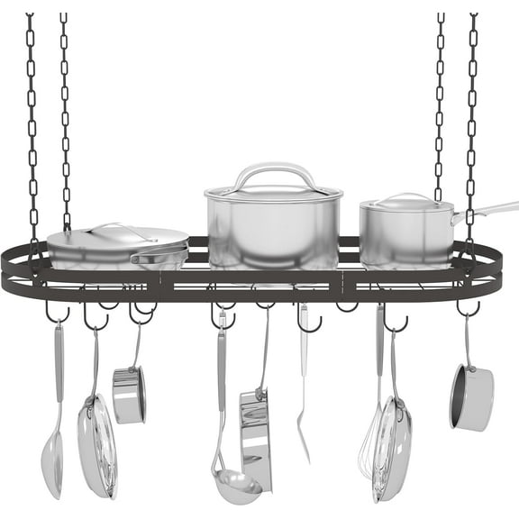 Hanging Pot Rack Ceiling Mount, Metal Pan Rack Hanging with Hooks, Oval Pots and Pans Hanging Rack, Ceiling Hanging Pot Racks with Grid, Pan and Pot hangers for Kitchen Cookware Utensils