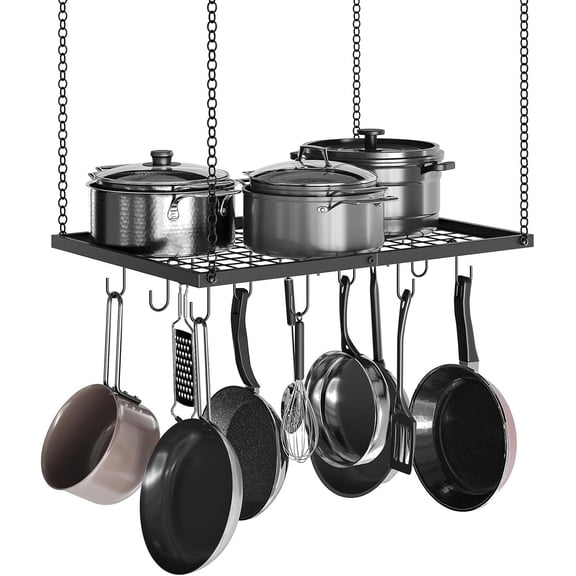 Hanging Pot Rack, Ceiling Mounted Pot Hanger for Kitchen, Metal Cookware Storage Organizer with 12 Hooks, for Storage of Cookware, Utensils in Kitchen, 23.7" L, Black TPR03BB
