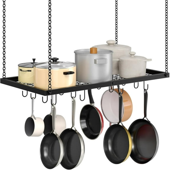 Hanging Pot Rack, Ceiling Mounted Pot Hanger for Kitchen, Metal Cookware Storage Organizer with 12 Hooks, for Storage of Cookware, Utensils in Kitchen, Black TPR31BB