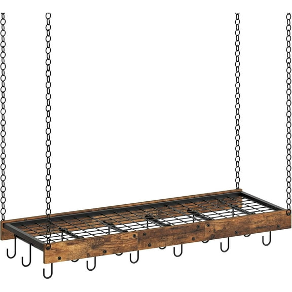 Hanging Pot Rack, Ceiling Wall Mounted Pot Rack for Kitchen, Industrial Style Pot Hanger with 18 Hooks, Cookware Storage Organizer, for Pots and Pans, Rustic Brown and Black