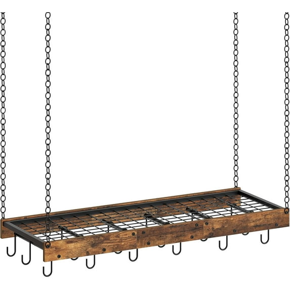 Hanging Pot Rack, Ceiling Wall Mounted Pot Rack for Kitchen, Industrial Style Pot Hanger with 18 Hooks, Cookware Storage Organizer, for Pots and Pans, Rustic Brown and Black