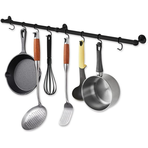 Hanging Pot Rack Hanger: 39.4 Inch Stainless Steel Pot and Pan Hanger Pot Rack Wall Mounted Hanging Pots and Pans Rack Pot Hangers for Kitchen Utensil Rail with Hooks (Matt Black