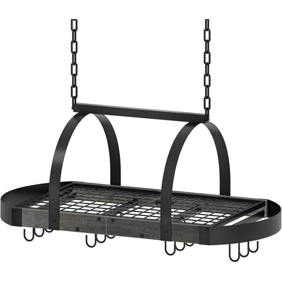 Hanging Pot Rack, Pot Hanger for Kitchen, Ceiling Mounted Pot Holder, Cookware Organizer with 12 S-Shaped Hooks, for Pot, Pan Storage, Space-Saving, Charcoal Black and Black TPR08BCC1